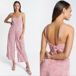 Showpo Life On The Road Jumpsuit Cropped Red Ditsy Floral Cotton Blend Size 10